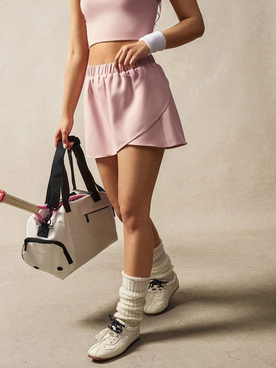 VARSITIE High Waist Overlap Asymmetrical Ruffle Hem Pink Skort - Pink - View 1