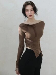 DAZY Women's Off Shoulder Asymmetrical Hemline Organza Bow T-Shirt Long Sleeve Women Tops,Fall Women Clothes - Brown - View 6