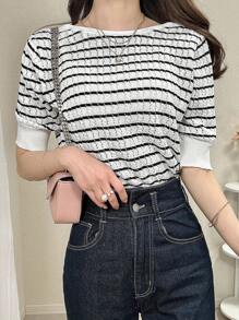 FRIFUL Women Stripe Round Neck Short Sleeve Tie-Up Thin Cardigan - White - View 6