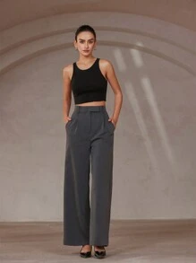 Aveloria Rosie Gray Wide-Leg Loose Pants, Classic Minimalist Design High-End Commuting Casual Trousers, Slimming - Grey - View 6