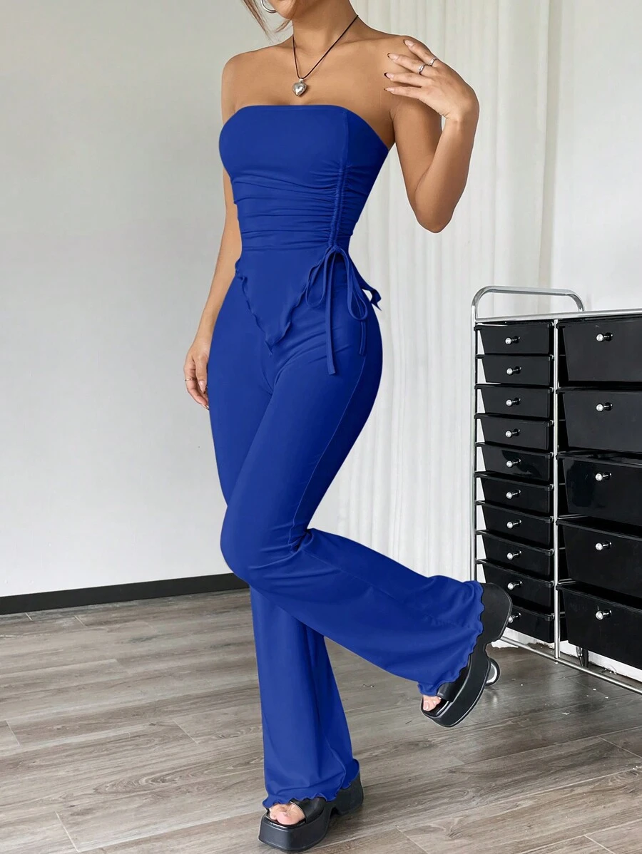 SHEIN EZwear Bộ 2 áo len dệt kim nữ có viền bất đối xứng và quần ống loe, màu xanh Sapphire - Xanh đậm - Xem 1