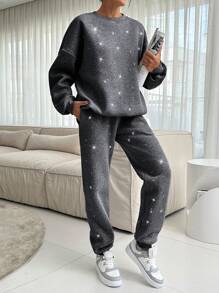 RueChic Rhinestone Detailed Grey Sweatshirt And Sweatpants Set - Grey - View 4