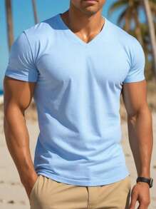 Manfinity Dauomo 男士纯色 V 领短袖休闲 T 恤 - 彩色 - 查看 3