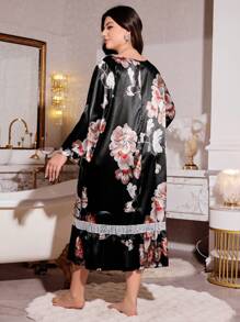 Plus Size Faux Silk Floral Print Lace Patchwork Off Shoulder Long Sleeve Nightgown - Multicolor - View 2