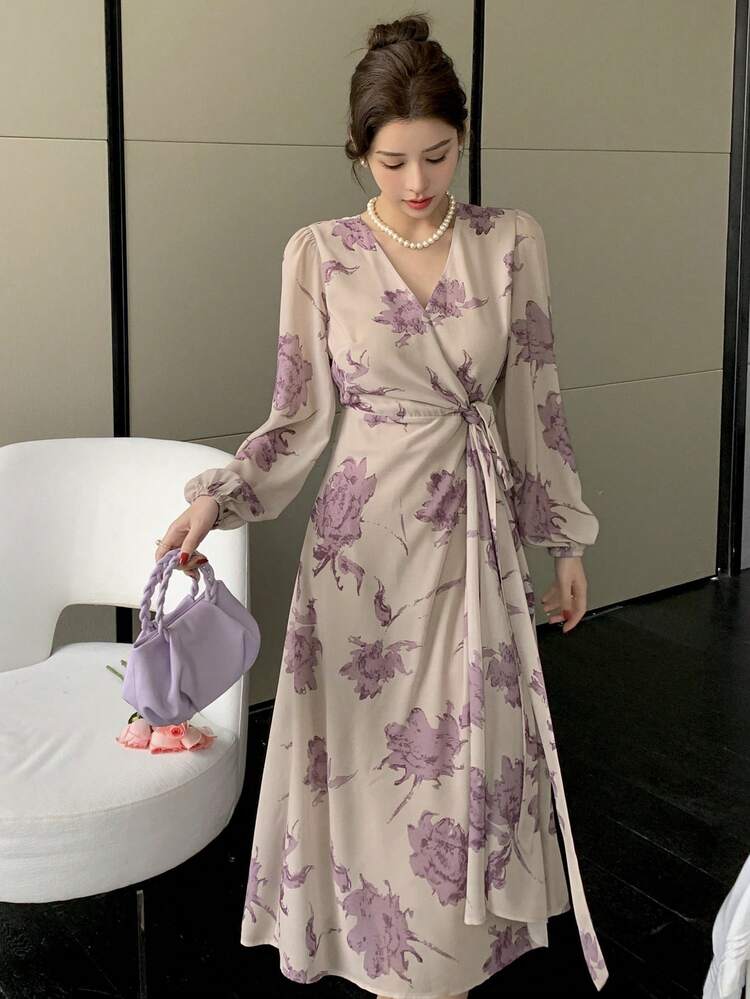 1 Pc Women's Floral Pattern V-Neck Long Wrap Dress, Purple, Spring/Summer/Autumn Long Sleeve Dress Maxi Dress