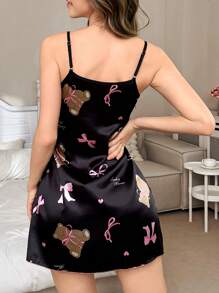 Faux Silk Bowknot & Teddy Bear Print Cute Girl Camisole Nightdress Luxeloungewear - Black - View 2