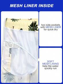 Manfinity Swimmode Men Coconut Tree Print Letter Patch Detail Drawstring Waist Swim Trunks,Hawaiian - Apricot - View 8