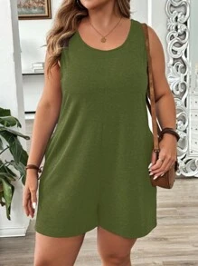 EMERY ROSE Macacão Plus Size sem mangas casual cor sólida - Verde de Exercício - Ver 7