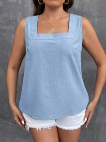 EMERY ROSE 大码休闲百搭纯色方领背心 - 淺藍色 - 查看 5