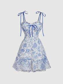 SHEIN MOD Blue And White Floral Print Vintage Gorgeous Romantic 2-In-1 Dress With Removable Multi-Tiered Cake Skirt - Palace Style Formal Dress,Valentines Clothes,Beach Outfits For Woman,Birthday Outfits For Women,Wedding Guest Dress Women,Rave Outfits Festival