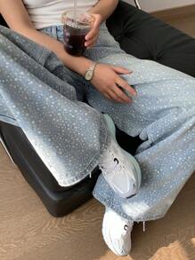 DAZY Women's Polka Dot Rhinestone Embellished Straight-Leg Jeans - Light Wash - View 1