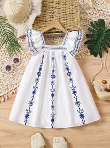 SHEIN Vestido casual de vacaciones con estampado floral y mangas con volantes para niñas jóvenes