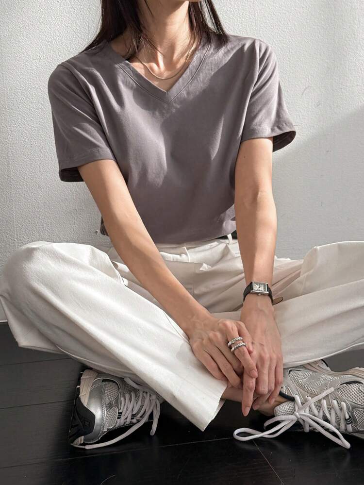 Women's Loose Solid Color Short Sleeve Simple Casual T-Shirt Old Money Style Business Casual Women, Teacher