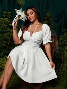 SHEIN Belle Robe de mariée/demoiselle d'honneur vintage élégante pour invités, col carré, manches courtes, décor de fausse perle blanche. Robe femme mignonne et digne d'une villégiature