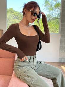 SHEIN Essnce Bộ đồ liền thân dài tay màu trơn cho nữ dáng ôm vừa vặn thường ngày - màu nâu - Xem 4