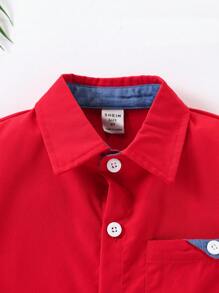 SHEIN Young Boy Valentine's Day Front Button Short Sleeve Pocket Casual Shirt - Burgundy - View 7