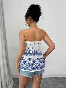 Chiquease Top tubo sin espalda con estampado floral para mujeres en estilo INS - Azul y blanco - Ver 2