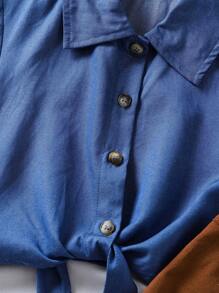 SHEIN 年轻女孩 2 件套春夏 Wildeya 新款，西式复古印花吊带连衣裙，前系带短款蓝色衬衫夹克，时尚休闲，适合户外活动和日常穿着 - 棕色 - 查看 8