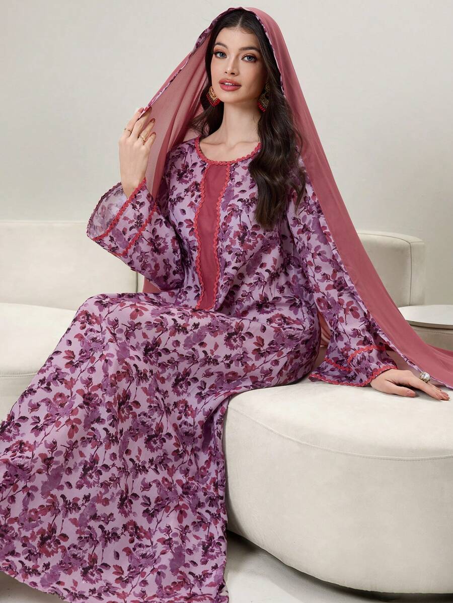 Al Najma Round Neck Floral Patchwork Solid Color Ruffled Hem Abaya Dress With Headscarf,Modest - Orange - View 1