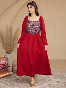 SHEIN Kleid mit Puffärmeln und Retro-Print für Teenager Mädchen - Bordeaux - Übersicht 3