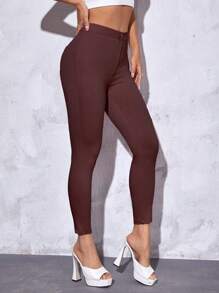 SHEIN PETITE Women Simple Solid Color Slim Fit Casual Pants - Coffee Brown - View 3
