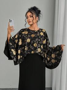 Modelyn Plus Size Foil Print Scarf & Solid Color Midi Skirt 2 Pieces Set Fall Cloth For Women