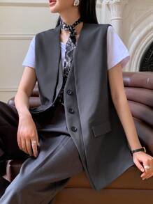 DAZY 女士前扣口袋休闲无袖两合一马甲西装外套秋冬商务装 - 灰色 - 查看 3