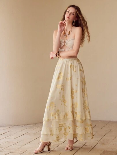 MOTF PREMIUM 雪纺花卉印花垂褶短裙