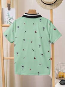 SHEIN Tween Boys Casual Vacation Coconut Tree, Sailing Boat, Seagull Print Loose Polo Shirt, Short Sleeve - Mint Green - View 2