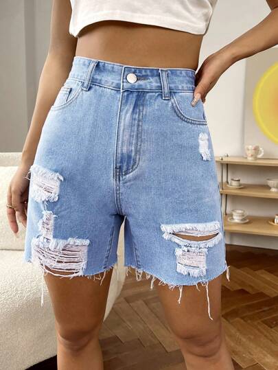 SHEIN EZwear 女式前扣口袋做旧简约休闲牛仔短裤
