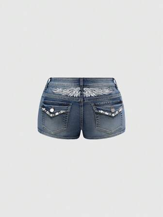Grunge Punk Y2K Ultra Super Low Waist Mini Denim Shorts With Sexy Back Wing Embroidery & Rhinestone Decor, Midriff-Baring