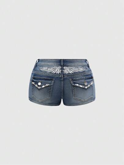 ROMWE Grunge Punk Y2K Ultra Tief Sitzende Mini Denim Shorts Mit Sexy Rücken Flügel Stickerei & Strass Dekor, Bauchfrei
