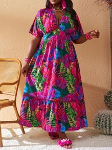 Slaydiva 2025 Summer&Beach New Plus Size Women V-Neck Floral Print Short Sleeve A-Line Maxi Dress, Vacation & Sexy & Elegant Spring/Summer Resort Dresses For Women Tropical Dress Women Plus Size Summer Dress Plus Size Vacation Dresses Hawaiian Dress For Women - Multicolor - View 7