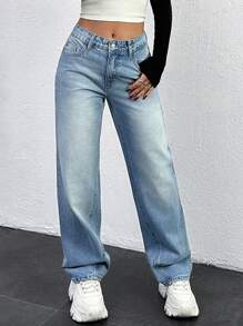 EURMUSE WOMEN LOW WAIST STRAIGHT JEANS - Light Wash - View 1