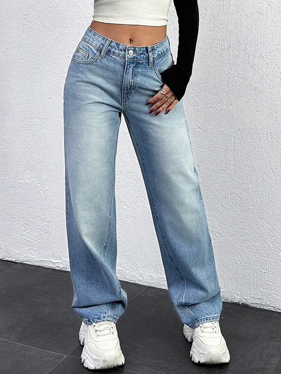 EURMUSE WOMEN LOW WAIST STRAIGHT JEANS - Light Wash - View 1