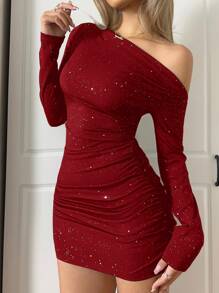 CovetEZ Women's New Asymmetric Neck Gathered Mini Dress