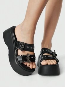 ROMWE Grunge Punk Women's Black PU Platform Sandals, 6.5cm High Heel, Double Straps With Buckle And Chain Decor, Fashion Versatile Punk Gothic Style - Black - View 4