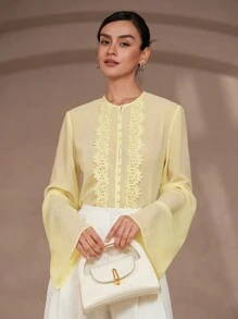 Chiquease Blusa de manga larga con abotonadura, cuello con volantes de gasa elegante y romántica para mujer - Amarillo - Ver 6