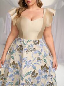 SHEIN Belle Plus Size Elegant Jacquard Taffeta Patchwork Ruffle Sleeve Sweetheart Neck Drawstring Short Party Dress, Wedding Guest Dress, Prom Dress
