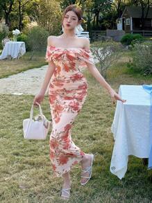 DAZY 1pc Women's Casual Midi Dress, Minimalist & Fashionable For Everyday Wear Summer Floral Cruise Women Outfits Sundress Off Shoulder Top