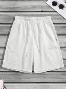 Manfinity Homme Plus Size Men's Solid Color Drawstring Waist Pocket Loose Shorts - White - View 4