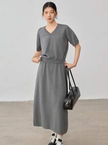 Dazy-Less 2pcs Set Loose Solid Knit Top And Skirt, Women Sweater Suit Business Casual Woman Work Clothes - Dark Grey - View 3