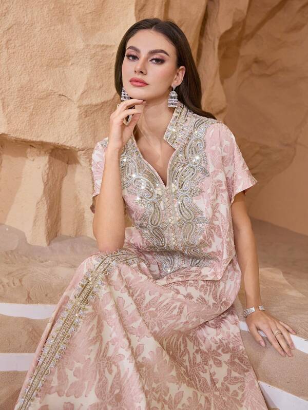 Al Najma Vestido de señora elegante y lujoso con parches de jacquard, lentejuelas bordadas y diseño holgado, vestidos árabes, modesto