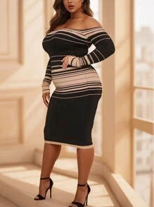 INAWLY Plus Size Off Shoulder Long Sleeve Slim Fit Striped Casual Dress - Multicolor - View 3