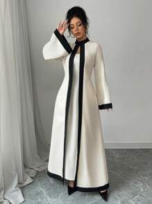 Elenzga 女士纯色撞色领长袖修身连衣裙 - 杏色 - 查看 4