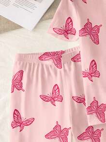 SHEIN Leap Crew Tween Girl 粉色蝴蝶图案休闲 T 恤和短裤针织面料睡衣套装，贴身合身，适合春夏季、情人节 - 彩色 - 查看 4
