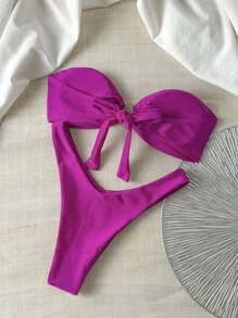 Swim Chiccia Conjunto de bikini con top tipo sostén de unicolor con adorno metálico y tiro alto sexy para mujer, ropa de playa de verano - Morado - Ver 2