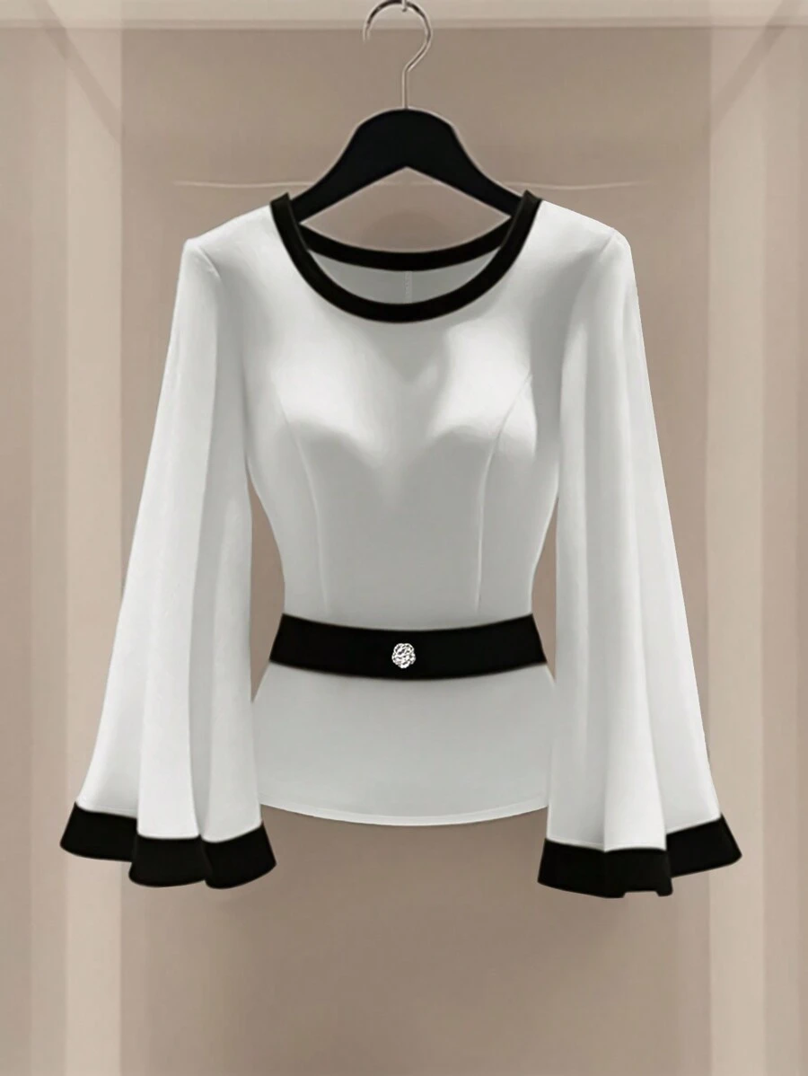 Selianne 女士撞色拼接圆领休闲衬衫，时尚日常穿着