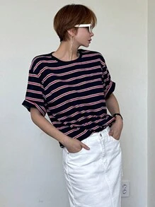 DAZY 女士宽松条纹短袖圆领休闲T恤超大码T恤 - 藏蓝色 - 查看 4
