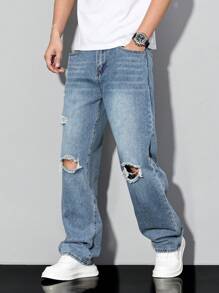 Manfinity LEGND Men's Casual Washed Distressed Straight Leg Jeans - Medium Wash - View 5